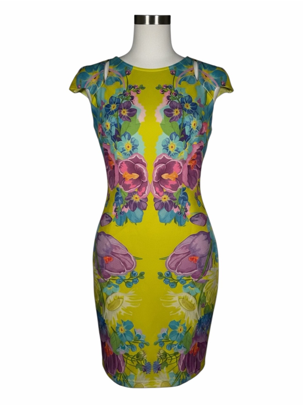 Yellow Floral Sheath Mini Dress with Multicolor Print